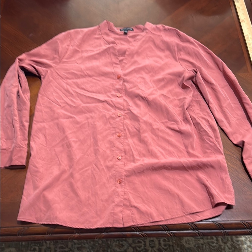 Eileen Fisher sandwashed Pink Button Down Shirt stand up collar chutney - Picture 3 of 12